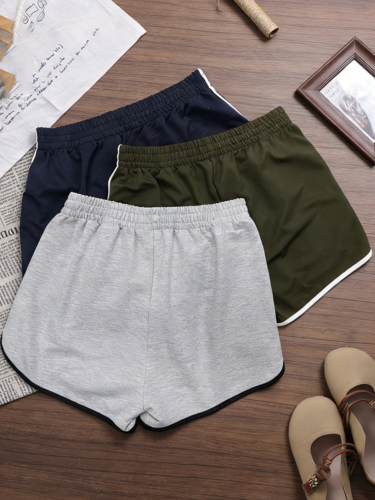 3pcs Women'S Summer Hot Style Y2K Shorts Casual Women'S Trendy Versatile Bottoms Pants Home Elastic Waist Letter Print Hot Pants - Navy blue + army green + light gray