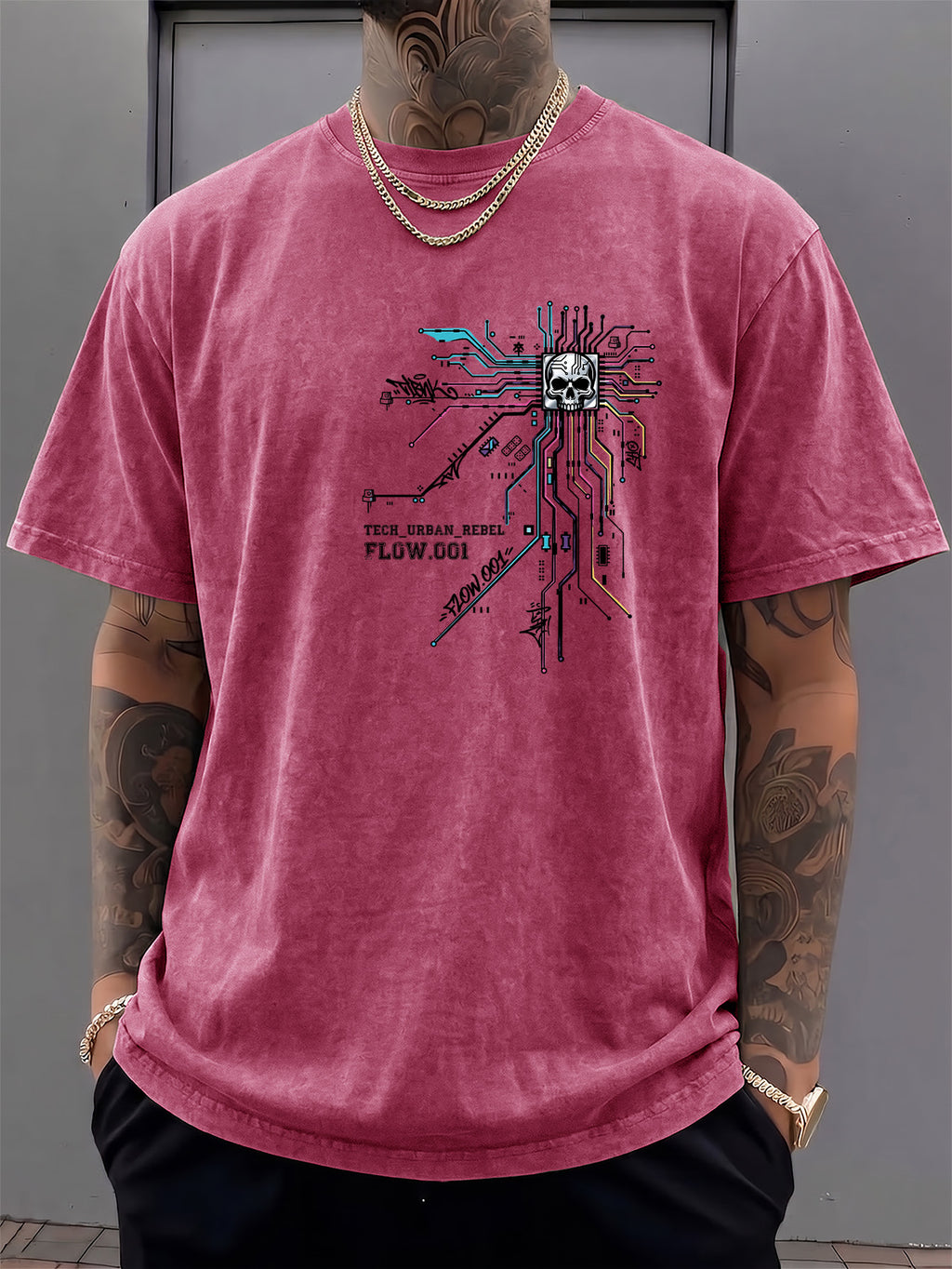 Men's Short-Sleeve T-Shirt, Pure Cotton, Loose Fit, Washed Distressed Circuit Board Skull Graffiti Print, Trendy Reversible Double-Sided Print, 12 Colors for  Mix & Match, American Streetwear High Street Hip-Hop Top, for Daily Outings - Rose Red