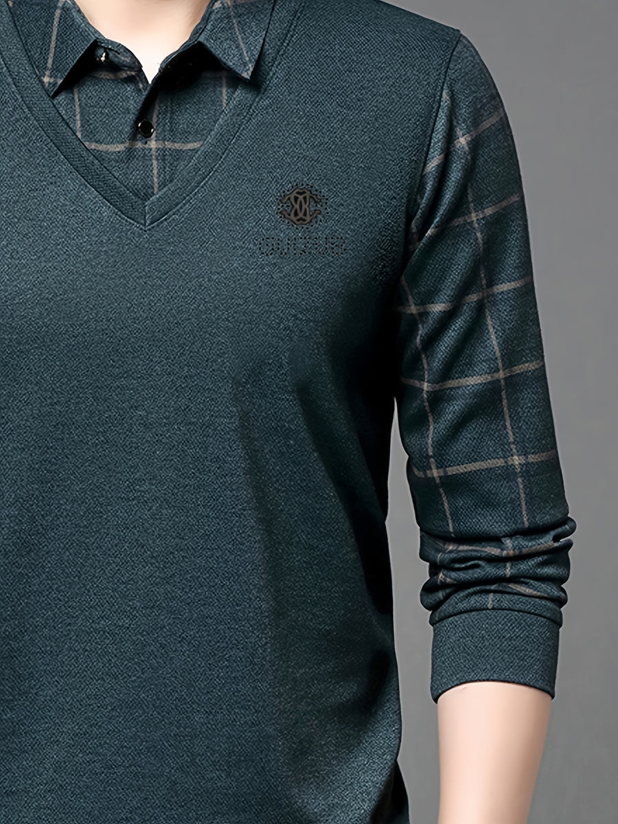 Striped Long-Sleeve Men'S Faux Two-Piece Top, Thin Autumn Winter Base Layer T-Shirt - Dark Green