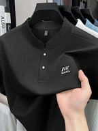 [Pearson Obm]Summer New Small Stand Collar Ice Fiber Fabric Quick-Drying Short-Sleeved T-Shirt Men'S Young Loose Casual Short-Sleeved Top Men'S Clothing Lao Zhou - Black