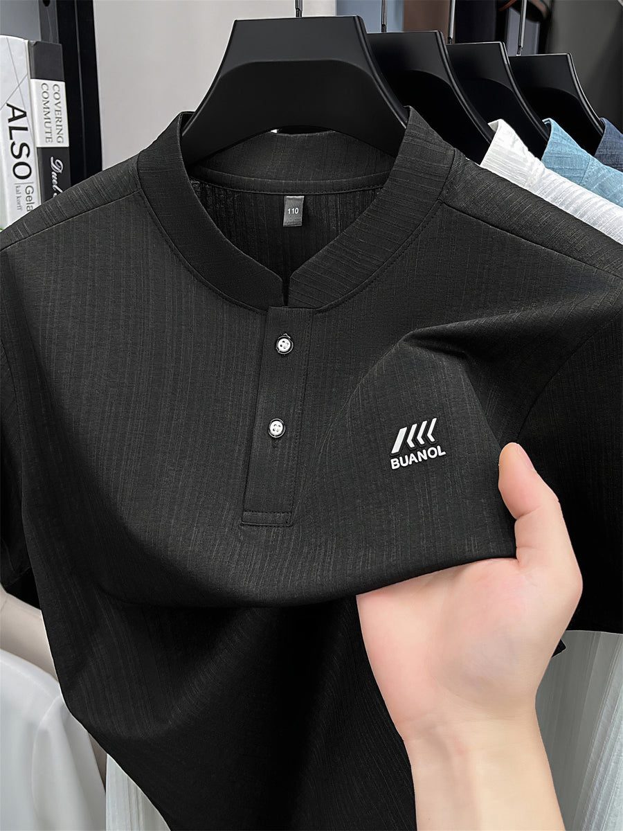 [Pearson Obm]Summer New Small Stand Collar Ice Fiber Fabric Quick-Drying Short-Sleeved T-Shirt Men'S Young Loose Casual Short-Sleeved Top Men'S Clothing Lao Zhou - Black