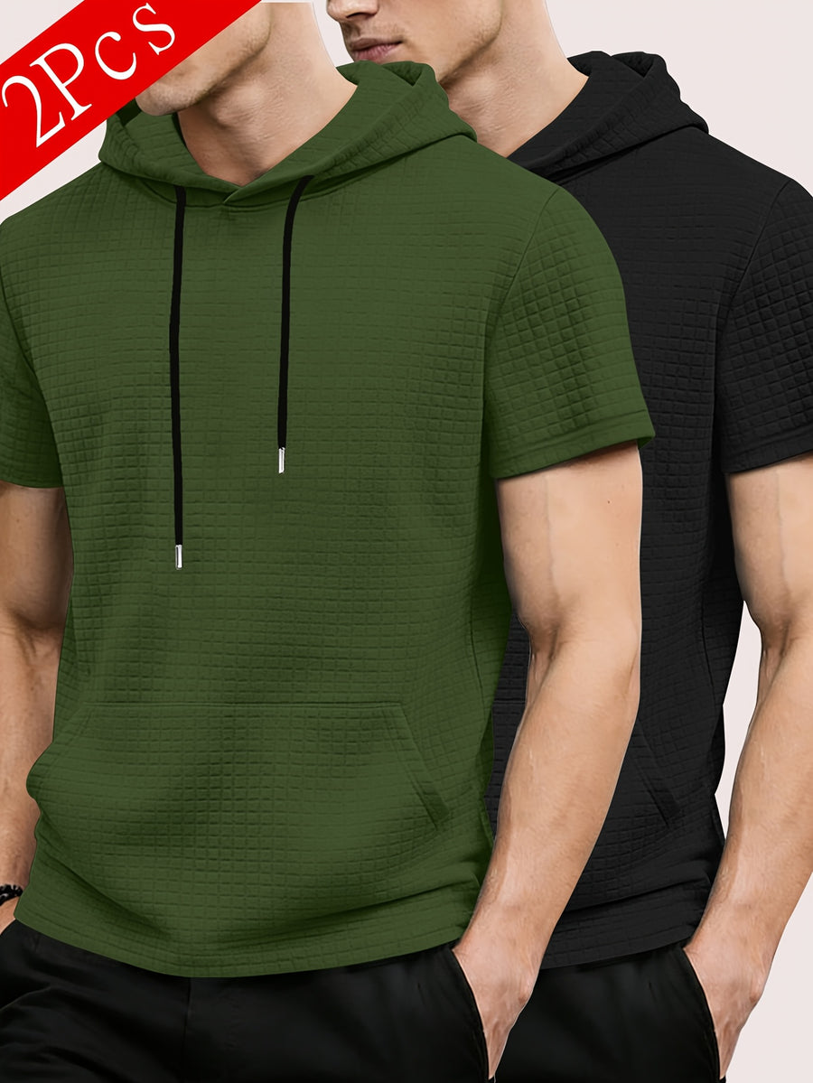 2pcs Men's Waffle Knit Short-Sleeve Hoodie with Kangaroo Pocket, Soft and Breathable Fabric, Multiple Color Options, Versatile, Simple, Stylish, and Casual for Daily Wear or Sports, a Great Choice for Holiday Gifts for Fathers, Partners, and Friends - Army Green+Black