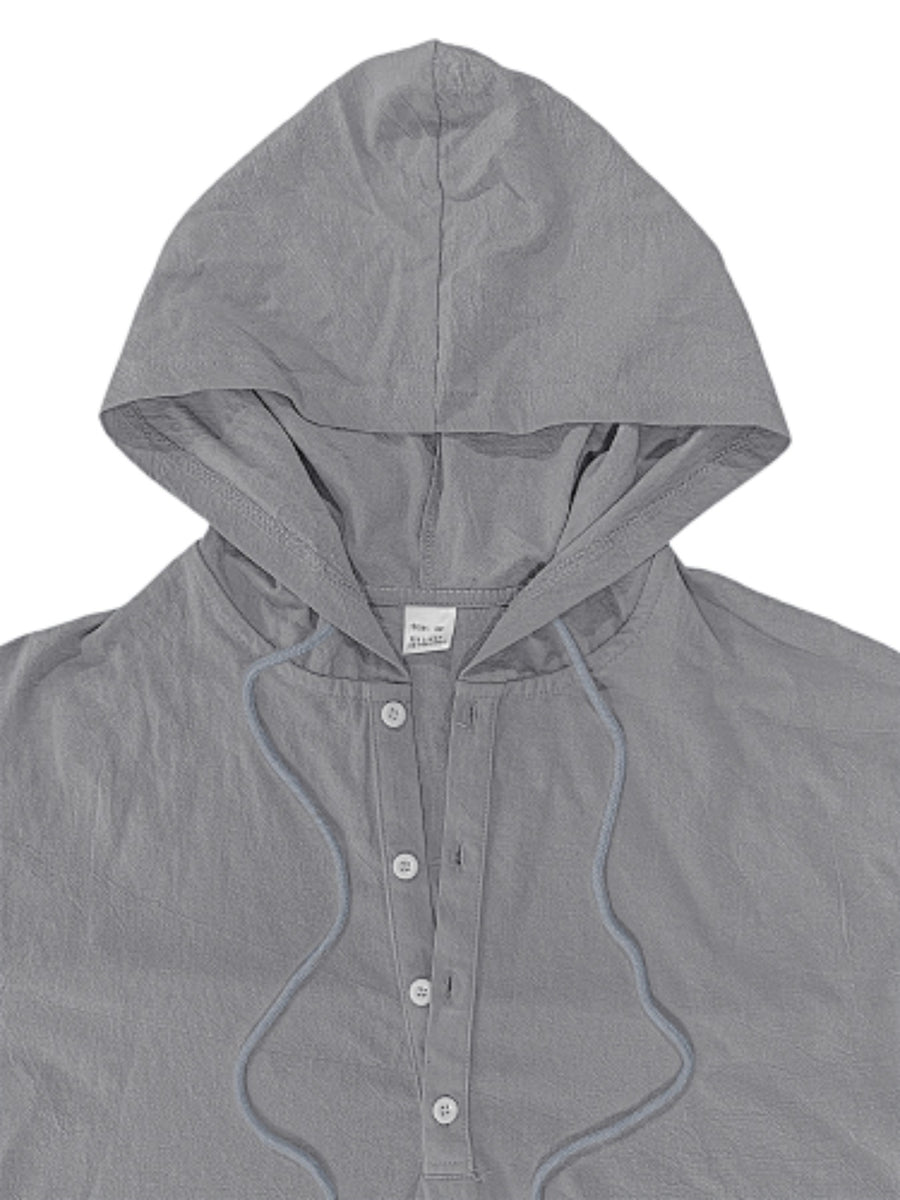 1pc Daily Holiday Outfit Essential, Minimalist Casual Style Pleated Breathable Linen Men'S Hooded Long Sleeve Polo Shirt, Half-Button Loose Non-Stuffy, Outdoor Commute All-Season Men'S Clothing - Grey