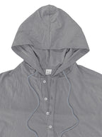 1pc Daily Holiday Outfit Essential, Minimalist Casual Style Pleated Breathable Linen Men'S Hooded Long Sleeve Polo Shirt, Half-Button Loose Non-Stuffy, Outdoor Commute All-Season Men'S Clothing - Grey