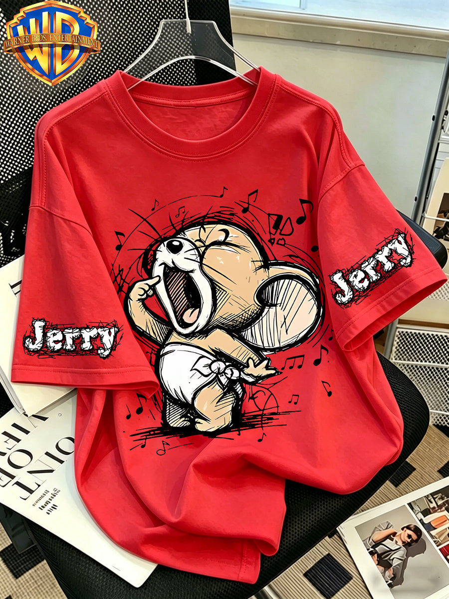 Warner Bros. Official Classic Character Music Singing Mouse Print T-Shirt, Men'S 100% Casual Comfortable Multi-Functional Loose Summer Short Sleeve T-Shirt, Suitable for Outdoor Wear - Red