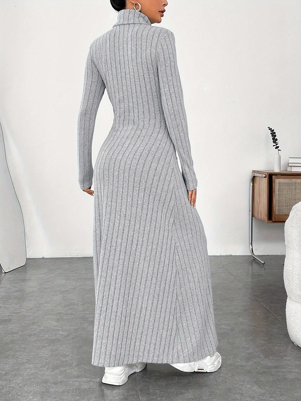 Women'S Dress, Casual Solid Color Long Sleeve Dress Long Skirt - Grey