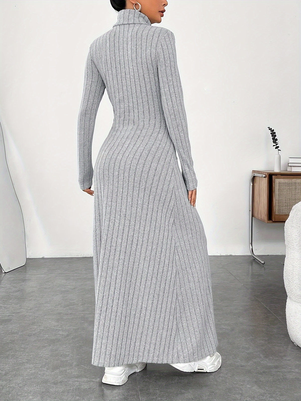 Women'S Dress, Casual Solid Color Long Sleeve Dress Long Skirt - Grey