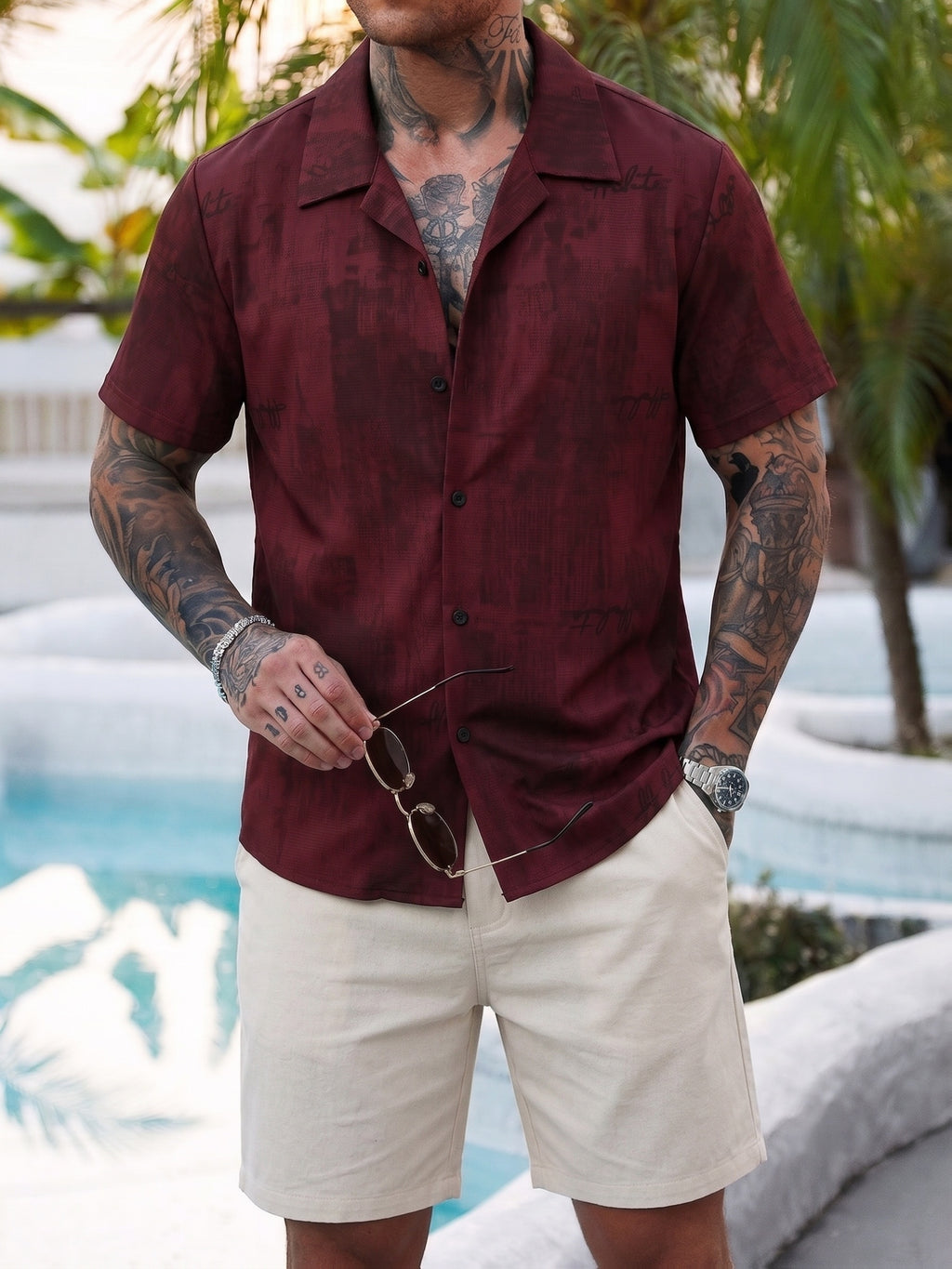 Men's Vintage Burgundy Printed Short-Sleeve Shirt, Vintage Cuban Collar Beach Vacation Button-Up Top, Bohemian Geometric Pattern Streetwear Casual Shirt - Brick Red