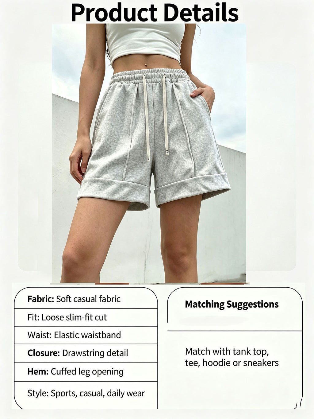 Women'S Solid Color Casual Shorts, Elastic Drawstring Waist Cuffed Hem Loose Shorts with Side Pockets, Breathable Sweatpants for Fitness, Vacation & Loungewear - Light Grey