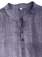 Men'S Summer Casual Henley Shirt, Preppy Style Thin Stand-Up Collar Short Sleeve T-Shirt, Retro Crinkle Ramie Pullover Men'S Top - Purple