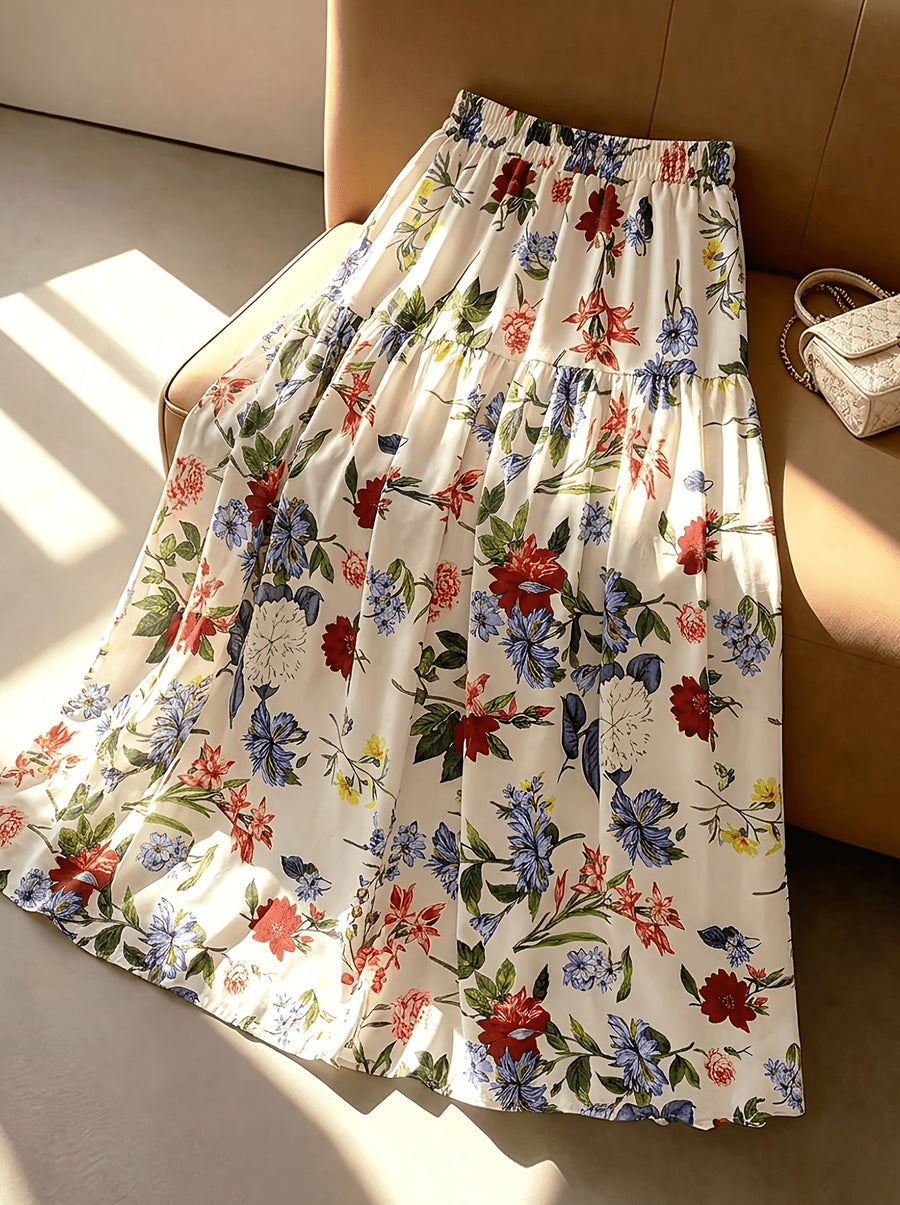 Women'S Multicolor Printed Elastic Waist Tiered Long Skirt, Beige, Spring Summer Fall Style, Bohemian Aesthetic, Picnic And Vacation Wear, Elegant Choice, Street Photography, Teacher Outfit - Flower