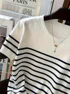 2026 New Women'S Summer Clothing Striped Short-Sleeved Top - Elegant Round Neck Color Block Design, Breathable Spring/Summer Casual/Formal Wear, Versatile Slim Fit T-Shirt, Everyday Fashion - White