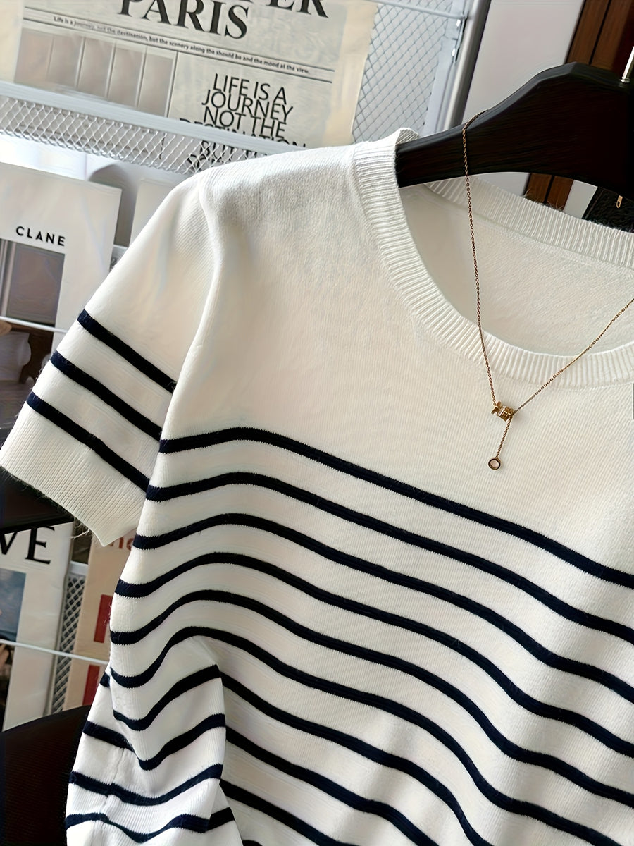 2026 New Women'S Summer Clothing Striped Short-Sleeved Top - Elegant Round Neck Color Block Design, Breathable Spring/Summer Casual/Formal Wear, Versatile Slim Fit T-Shirt, Everyday Fashion - White