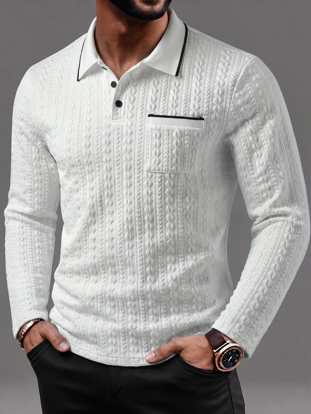 Men's Polo Shirt with a Simple Collegiate Style, Featuring a Three-dimensional Herringbone Texture Fabric, a Lapel Collar, and Long Sleeves. It Has a Three-button Placket, Contrast-color Collar Trim, and a Chest Patch Pocket Design, Making It - White