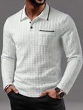 Men's Polo Shirt with a Simple Collegiate Style, Featuring a Three-dimensional Herringbone Texture Fabric, a Lapel Collar, and Long Sleeves. It Has a Three-button Placket, Contrast-color Collar Trim, and a Chest Patch Pocket Design, Making It - White