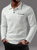 Men's Polo Shirt with a Simple Collegiate Style, Featuring a Three-dimensional Herringbone Texture Fabric, a Lapel Collar, and Long Sleeves. It Has a Three-button Placket, Contrast-color Collar Trim, and a Chest Patch Pocket Design, Making It - White