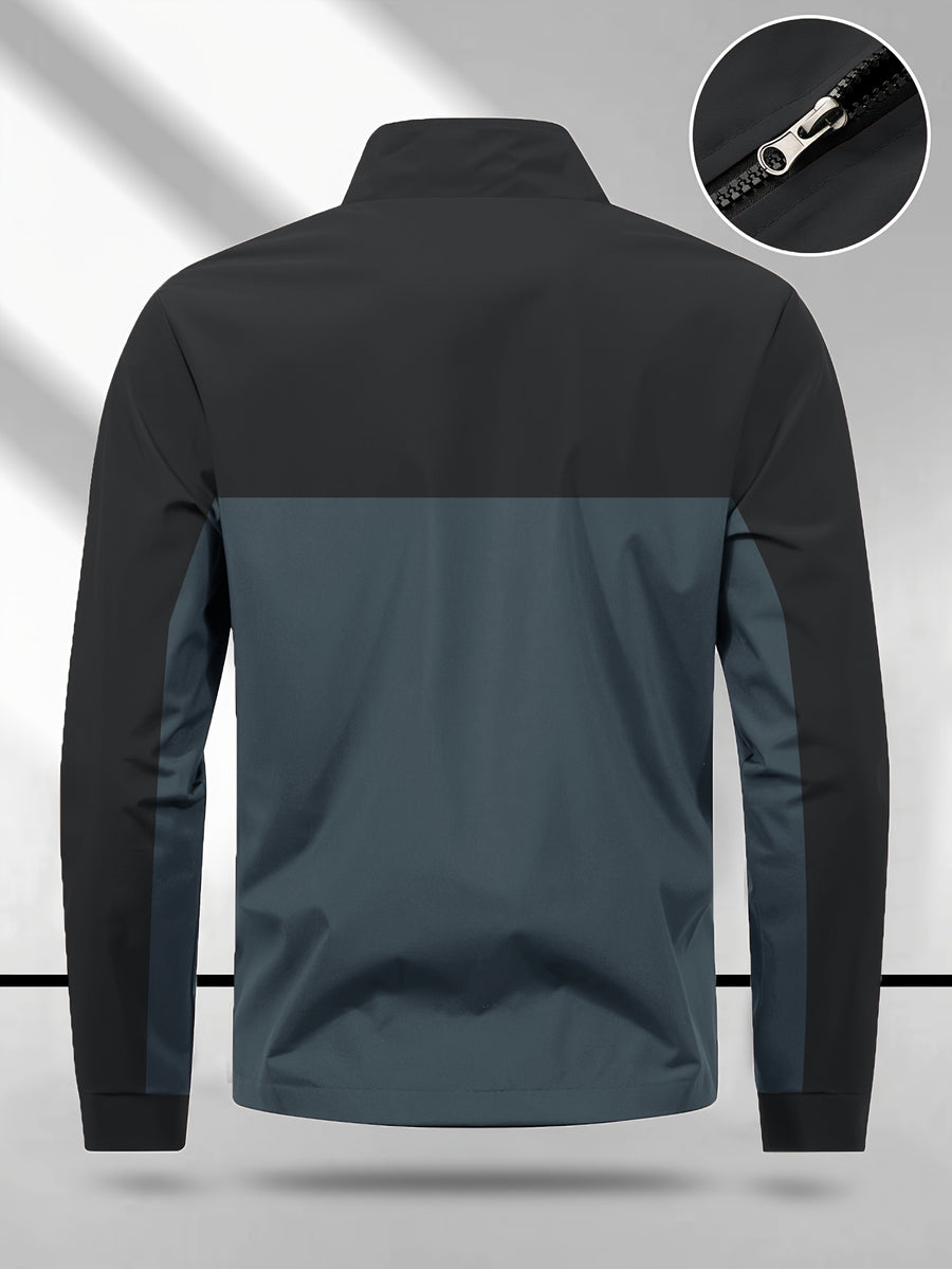 Men's Color-Block Spliced Stand-Collar Jacket, Spring/Autumn Outdoor Windproof Top, Trendy Casual Sporty Versatile Printed Jacket - Black
