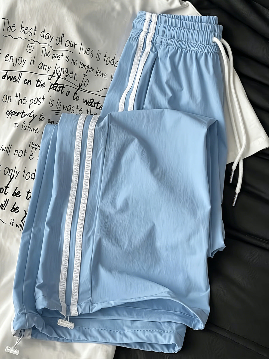 New Cross-Border Fashion Casual Women's Long Pants with Double Stripes, Drawstring Waist, Cuffed Hem, and Side Pockets - ZLLZ - Light Blue