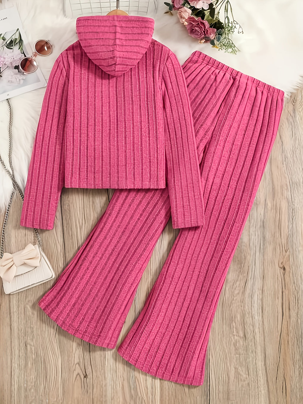 A Set of Women's Rib- Cable- Letter-appliqué Hoodie and Flared Pants - Rose Red