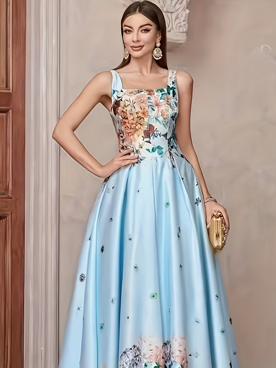 Women'S Dress Elegant Floral Print Evening Gown Suitable for Parties - Light Blue