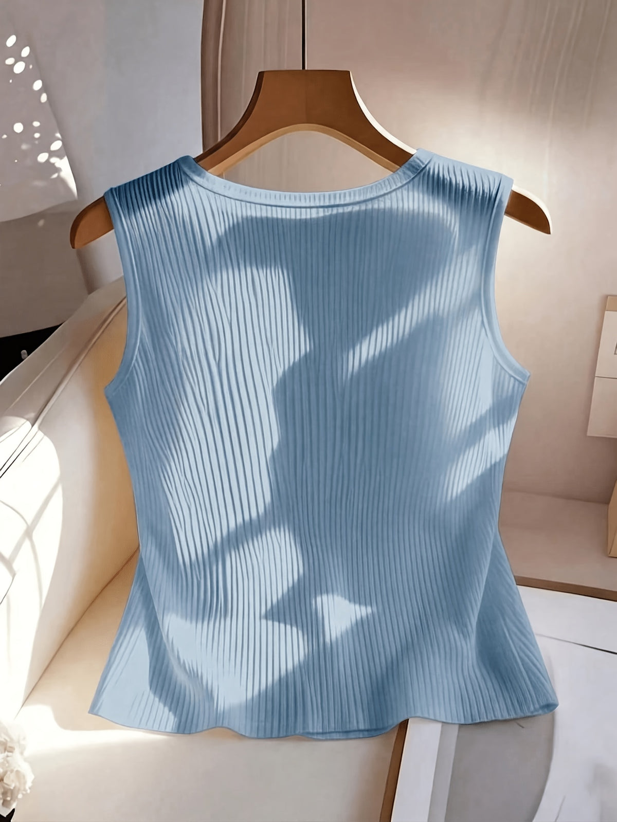 Women's Casual Solid Color Ribbed Tank Top - Sky Blue