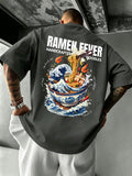 Men's 100% Pure Cotton T-Shirt, Ramen Wave Print, Comfortable, Soft, and Breathable, for Spring/Summer Casual Daily Wear - Dark Gray