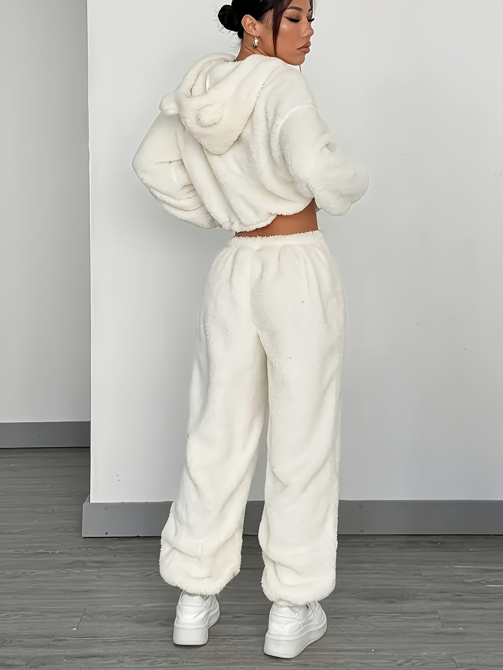 Women's Khaki Fluffy Casual Loose Double-Sided Set "Wilderness - White