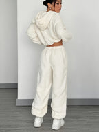 Women's Khaki Fluffy Casual Loose Double-Sided Set "Wilderness - White