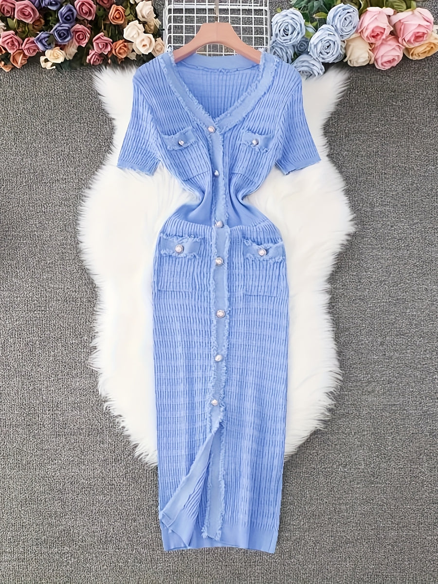 V-neck Metallic Single-button Solid Color Fashionable Fringe Trim Body-hugging Slit Mermaid Dress LL256 - Blue