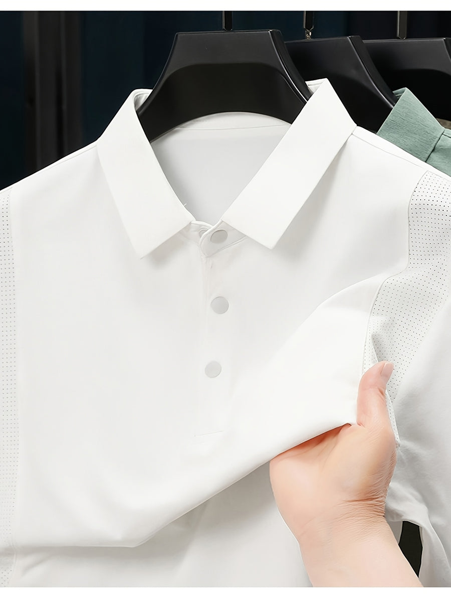 Men'S Lapel Long Sleeve Polo Shirt, Shoulder Mesh Texture Patchwork, Solid Color Minimalist Clean Cut Top, Office Commute, Outing Fishing, Home Casual Loose Men'S Long Sleeve T-Shirt - White