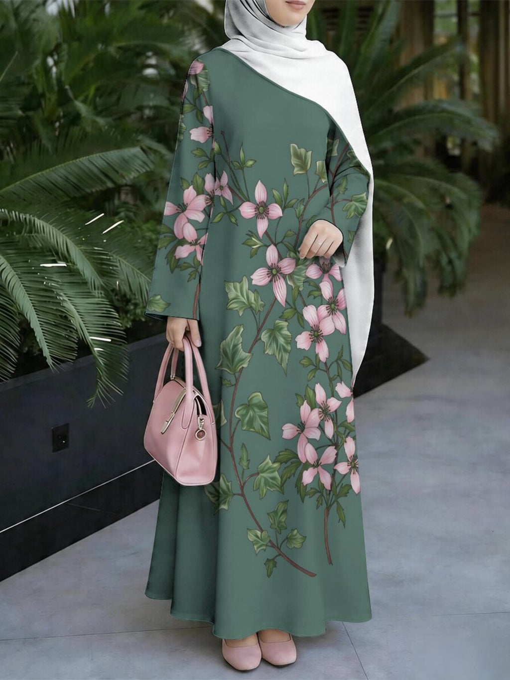 Women'S Hot Middle Eastern Style Muslim Elegant Robe, Deep Green Background with Pink Floral Print Long Dress, Loose Off-Shoulder Long Sleeve, for Daily Prayer And Social Occasions, Flowing Breathable Non-Embroidered Fabric - Mixed colors