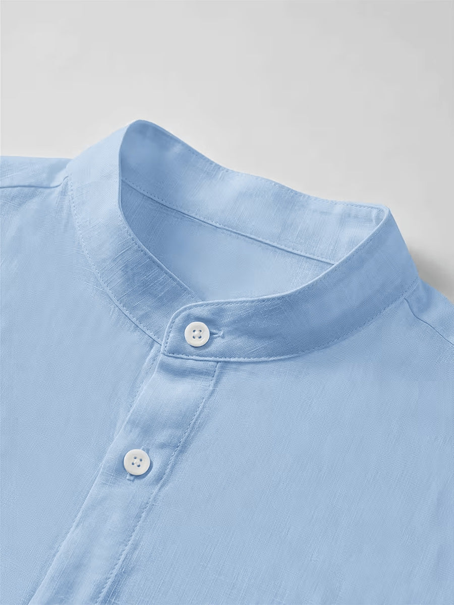 Men'S New Style Faux Linen Stand Collar Button-Up Shirt - Literary, Introverted, Fashionable, Versatile, Relaxed Texture, Trendy Loose Fit - Suitable for Beach, Vacation, Office, Formal And Casual Wear - Light Blue