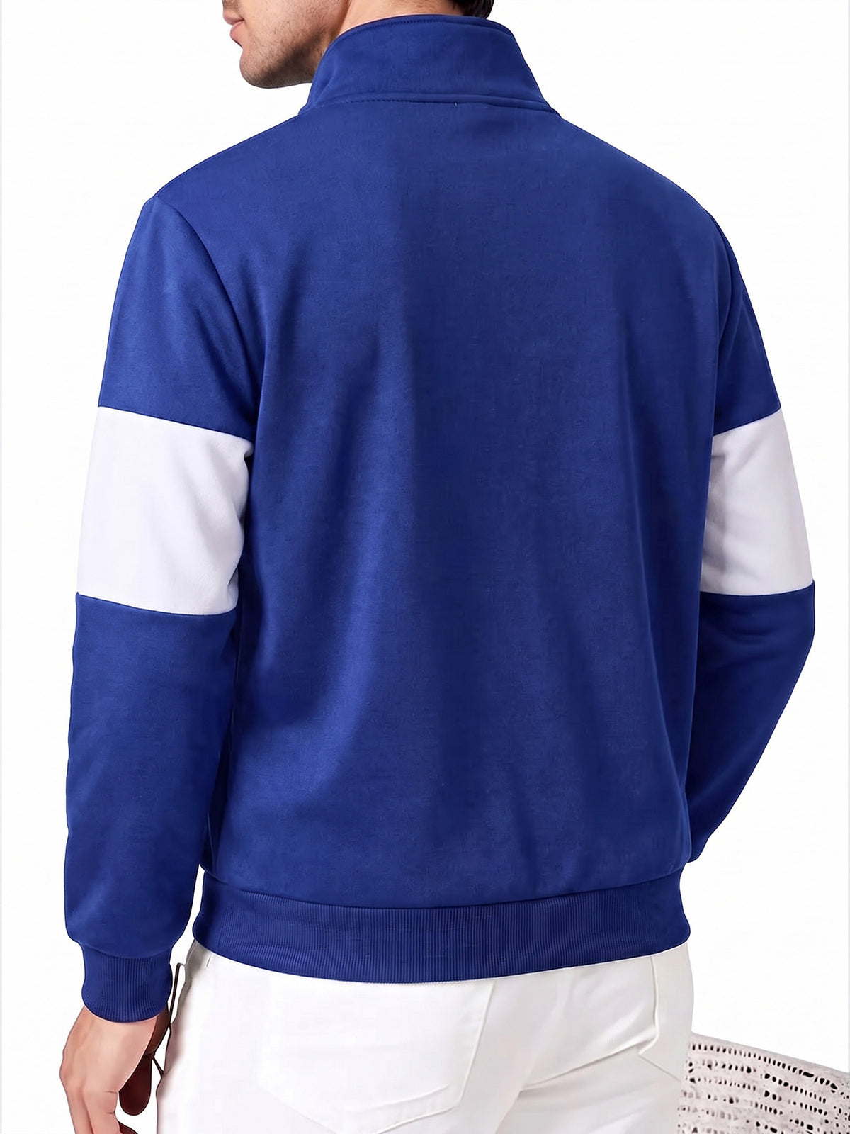Retro American Stand-Collar Zipper Men'S Sweatshirt, Color-Block Letter Print, Thick Knit Fleece Fabric Soft And Skin-Friendly, Suitable for Daily Outings, Campus Wear, All-Season Wear, Casual Long-Sleeve Sweatshirt - Blue And White