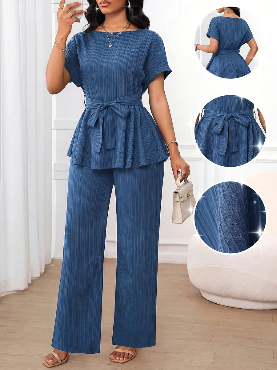 Women'S 2pcs Set, 1pc Short Sleeve Top And 1pc Loose Straight Pants Suitable for Spring Summer Wear - Blue