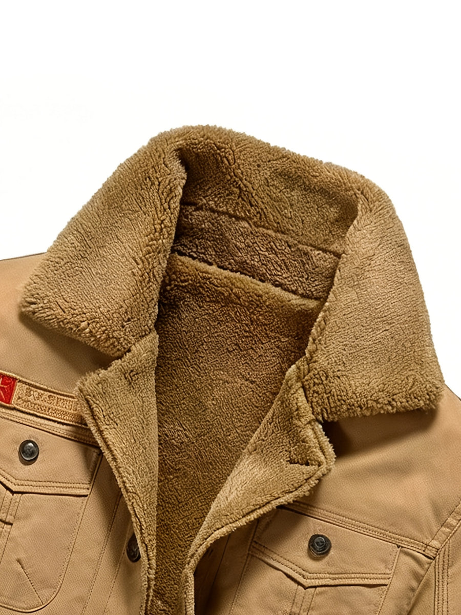 Men's Large Lapel Denim Work Jacket, Thickened for Locking in Heat and Cold Resistance, Wear-Resistant Washed Twill Workwear Fabric, Slim Fit Vintage Biker Style, Autumn/Winter Streetwear Commuter Biker Outfit, Full Lining, Chest Flap Patch Pocket - Khaki