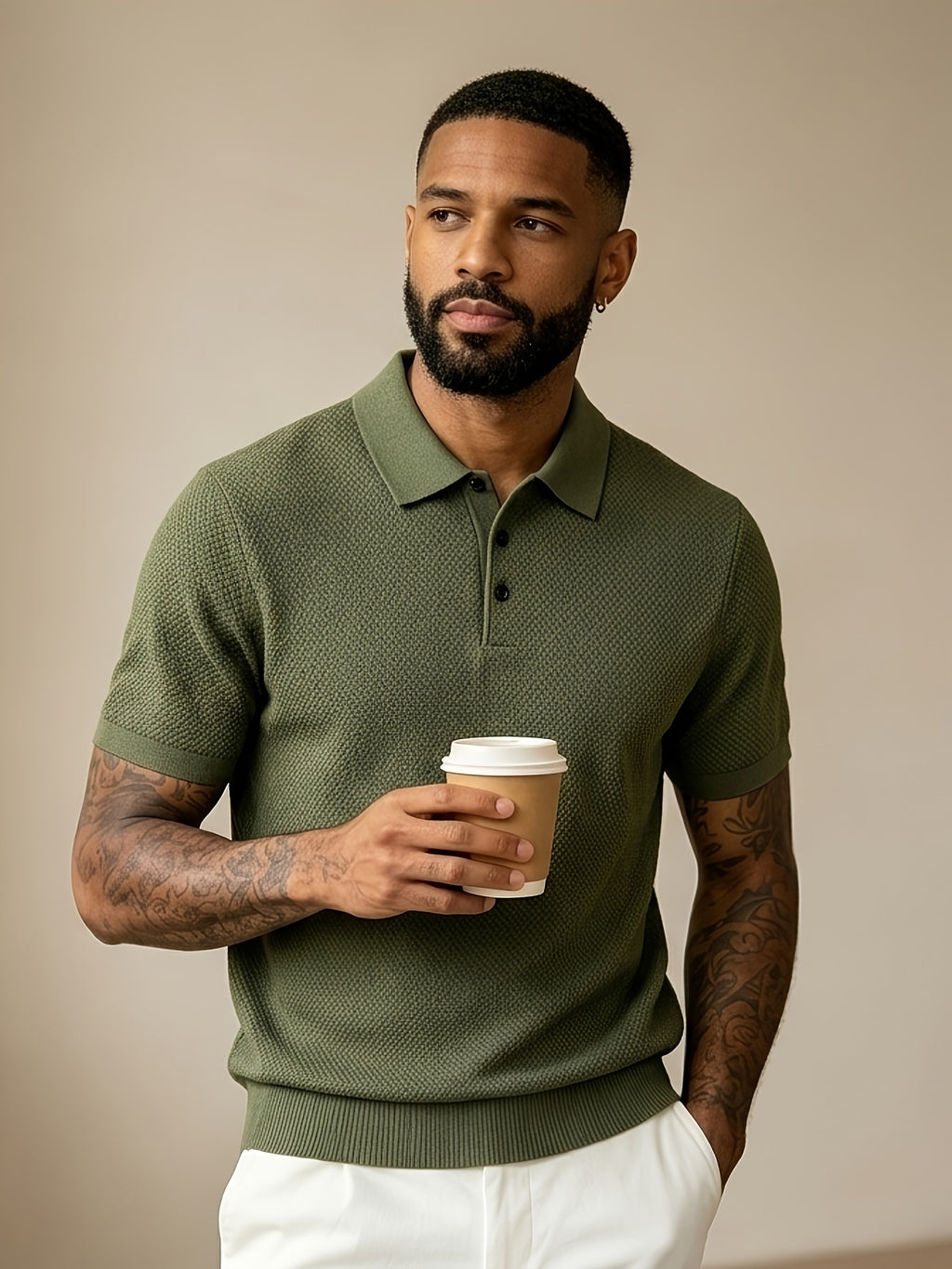 Men's Mature Business Style Knit Polo Shirt, 100% Pure Fabric, Breathable and Skin-friendly. Honeycomb Texture Jacquard Design, Simple Solid Color, Paired with a Three-button Lapel Collar, Clean Cut for a Flattering Fit. Suitable for Summer Commuting - Gray Green