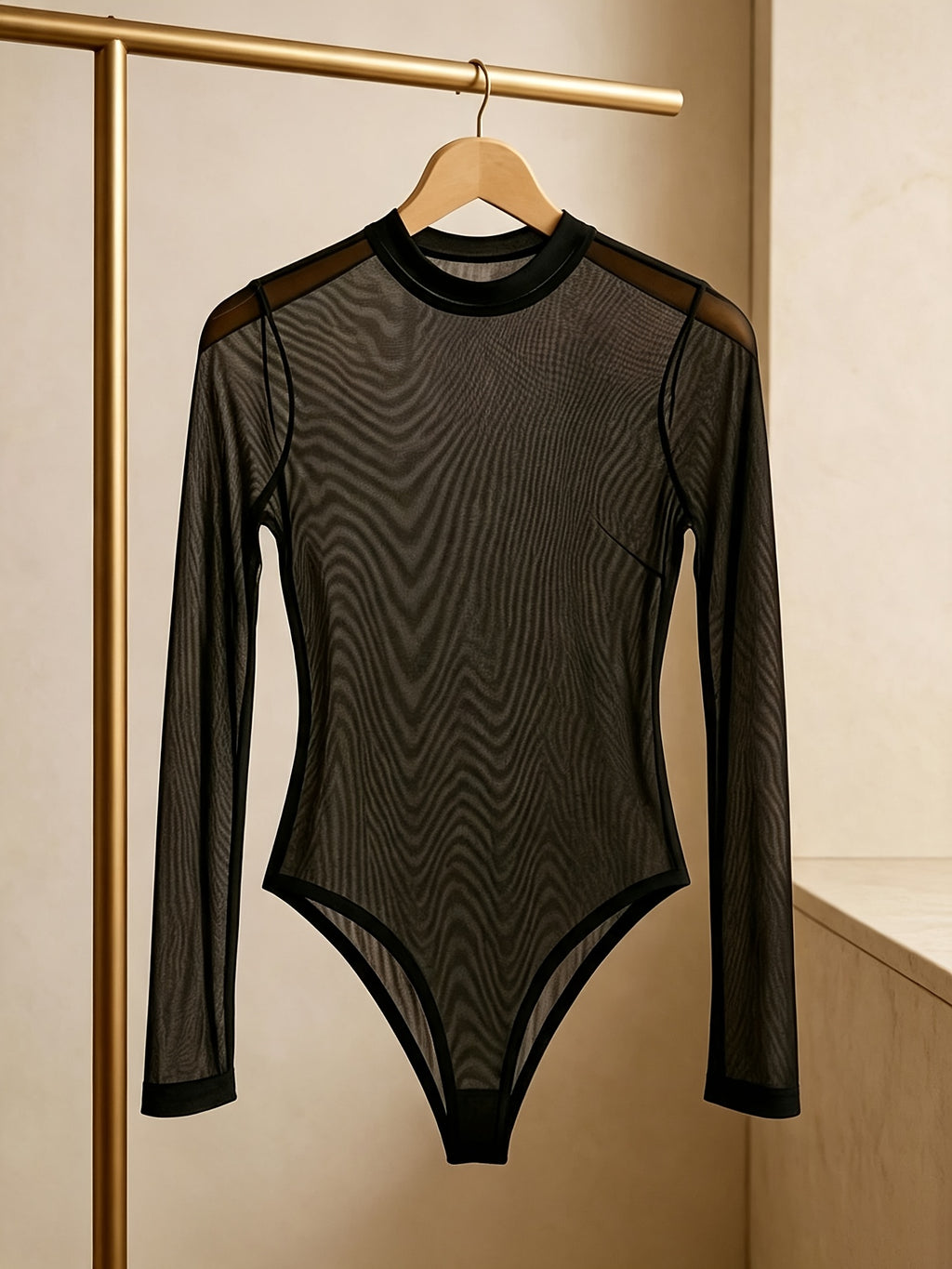 Women's Sexy Net-sheer Long-sleeved 1pc Dress, Women's Fitted Round-neck Undergarment That Can Be Worn as a Close-fitting Outerwear Over a Fitted 1pc Top. - Black