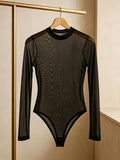 Women's Sexy Net-sheer Long-sleeved 1pc Dress, Women's Fitted Round-neck Undergarment That Can Be Worn as a Close-fitting Outerwear Over a Fitted 1pc Top. - Black