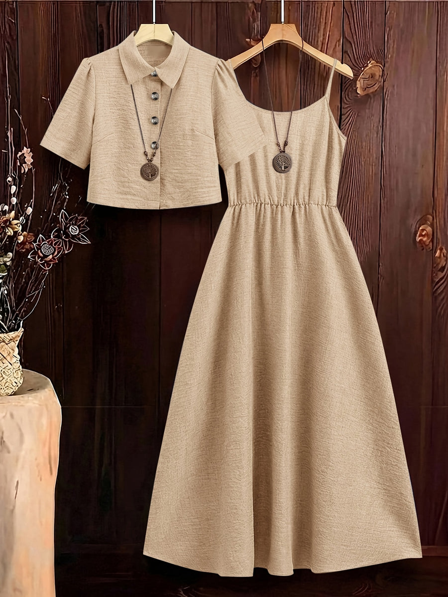 Women's New Elegant Shirt and Slip Dress 2pcs Set, Suitable for Commuting and Various Occasions, Vacation Wear - Khaki