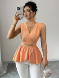 Elegant V-neck Sleeveless Waisted Blouse with Metal Button Detailing and Ruffled Hem, Versatile Women's Top - Orange-Red