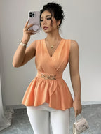 Elegant V-neck Sleeveless Waisted Blouse with Metal Button Detailing and Ruffled Hem, Versatile Women's Top - Orange-Red