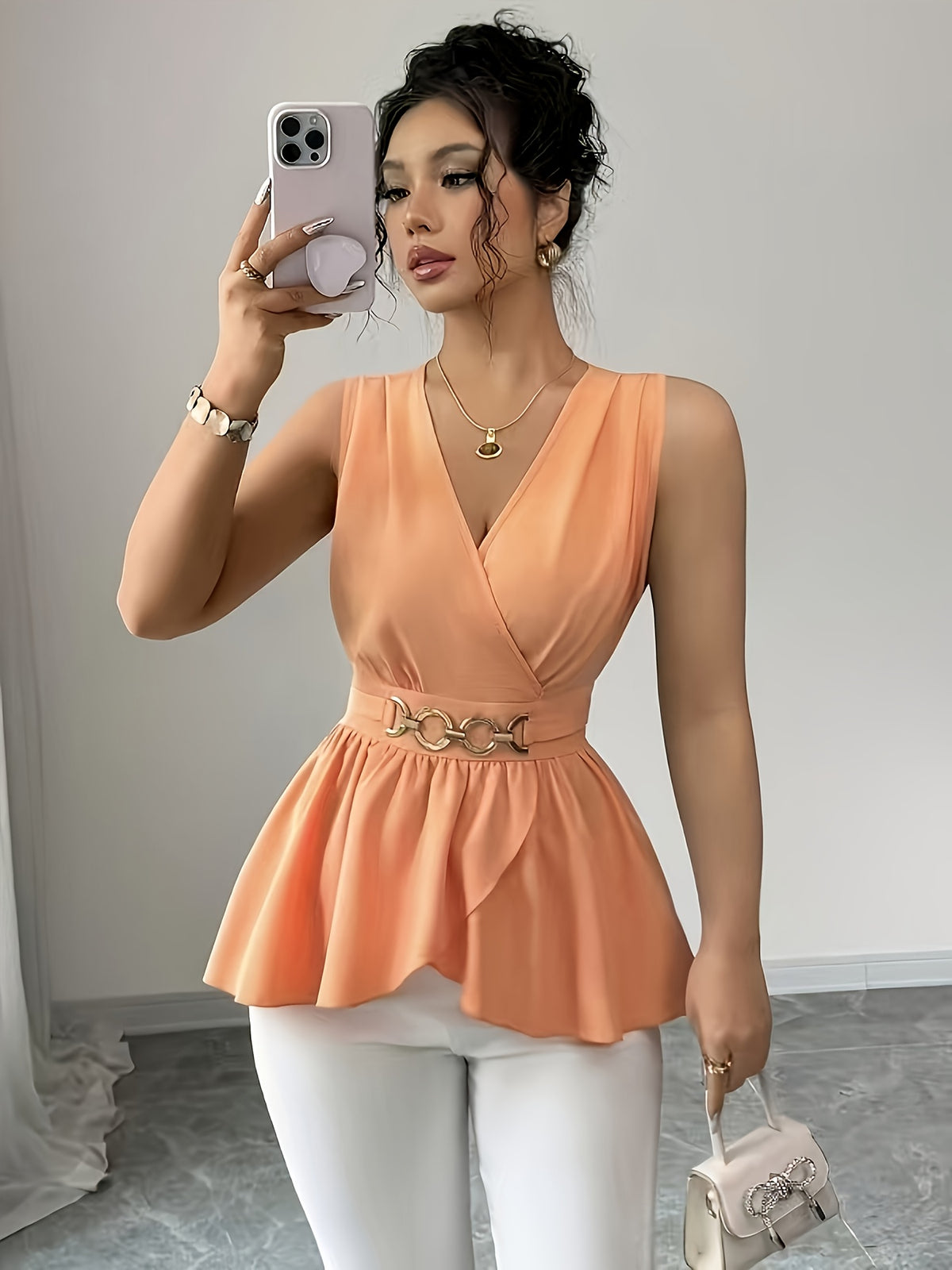 Elegant V-neck Sleeveless Waisted Blouse with Metal Button Detailing and Ruffled Hem, Versatile Women's Top - Orange-Red