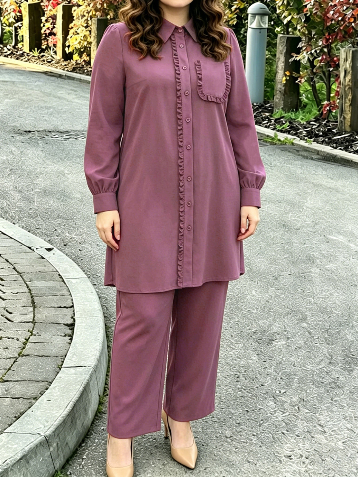Eid | Elegant Plain Fril Muslim 2pcs Jalabiya Set | Elegant Abaya Women Modest with Pocket & Placket Ruffle Trim + Loose Wide-Leg Pants | Daily Home Leisure Commute Wear - Rose Red