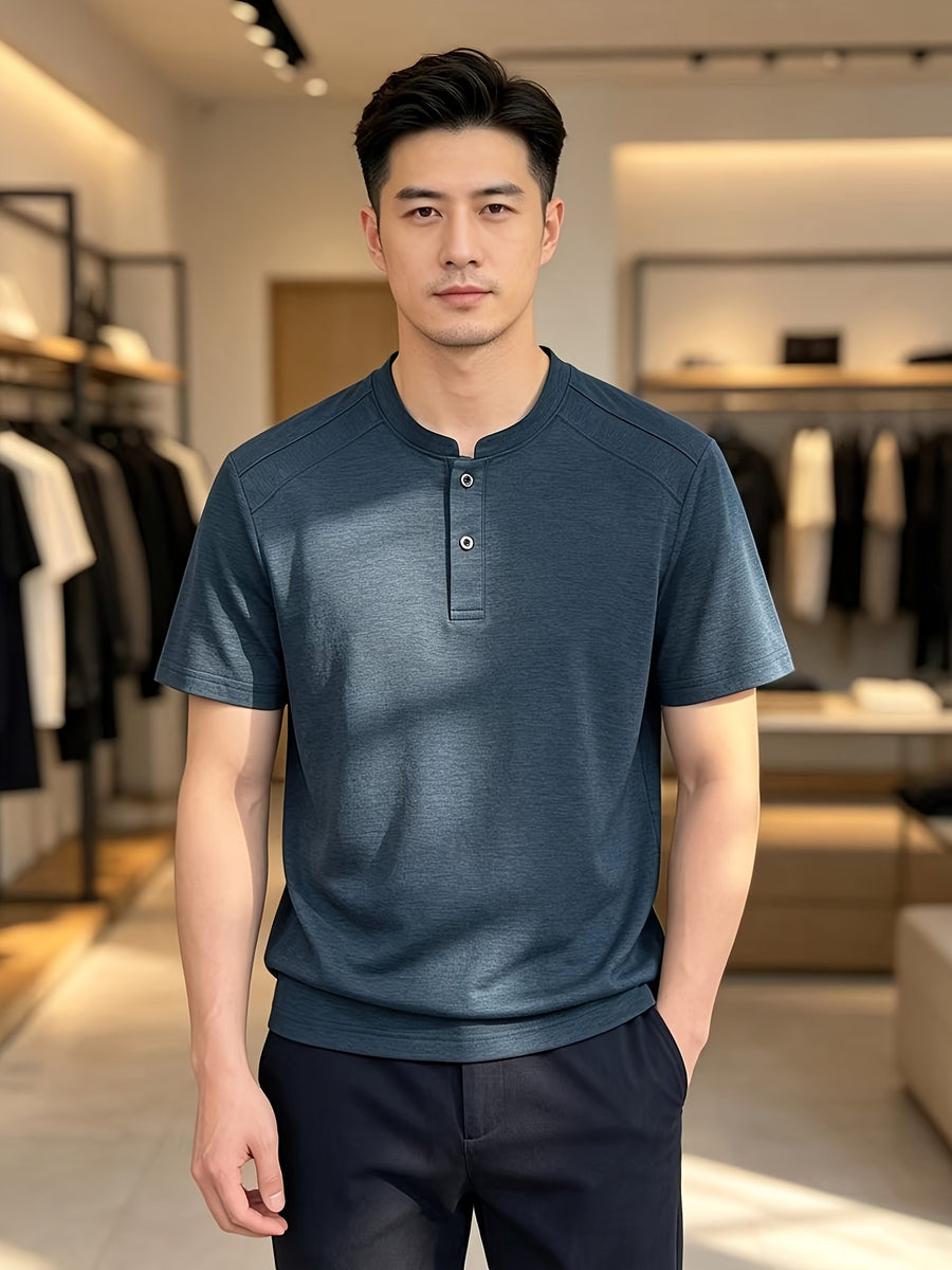 Men'S Solid Black Split Shoulder Mandarin Henley Collar Short Sleeve Top, Summer Office Daily Commute Golf City Street Outfit, Stretch Wrinkle Resistant Cooling Breathable 2-Button Tee, Middle-Aged Gentleman Business Casual Outfit, Minimalist Stand - Ha Qing