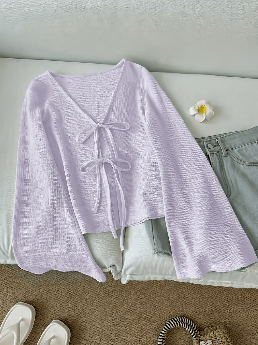 Solid Color Front-Tie Bow Open-Front Fashion Flared Sleeve Blouse New Women'S Short Top - Light Purple