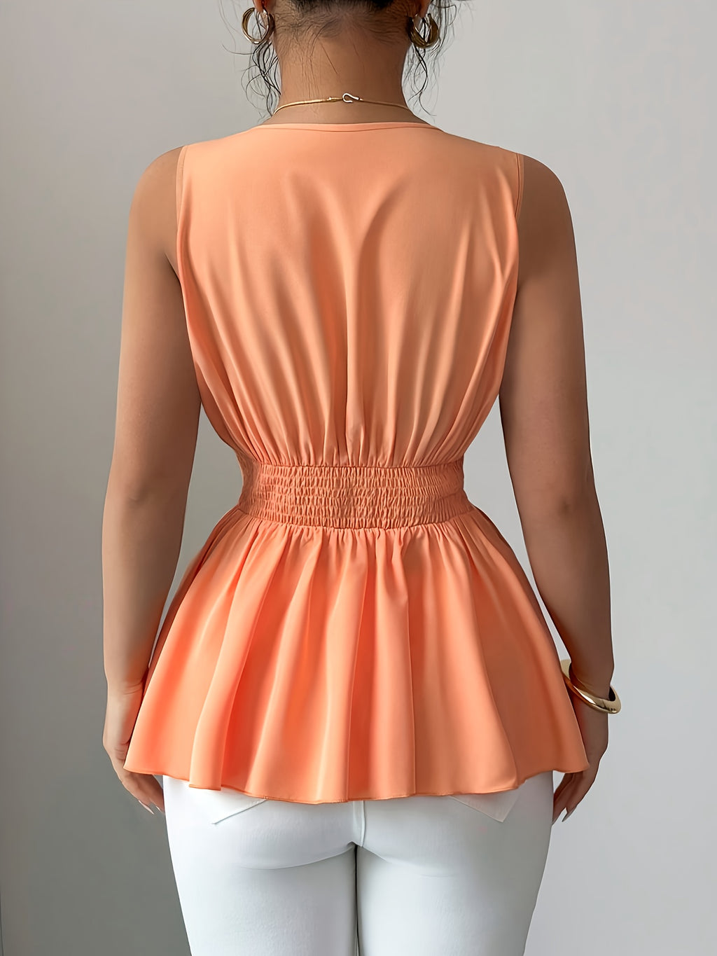 Elegant V-neck Sleeveless Waisted Blouse with Metal Button Detailing and Ruffled Hem, Versatile Women's Top - Orange-Red