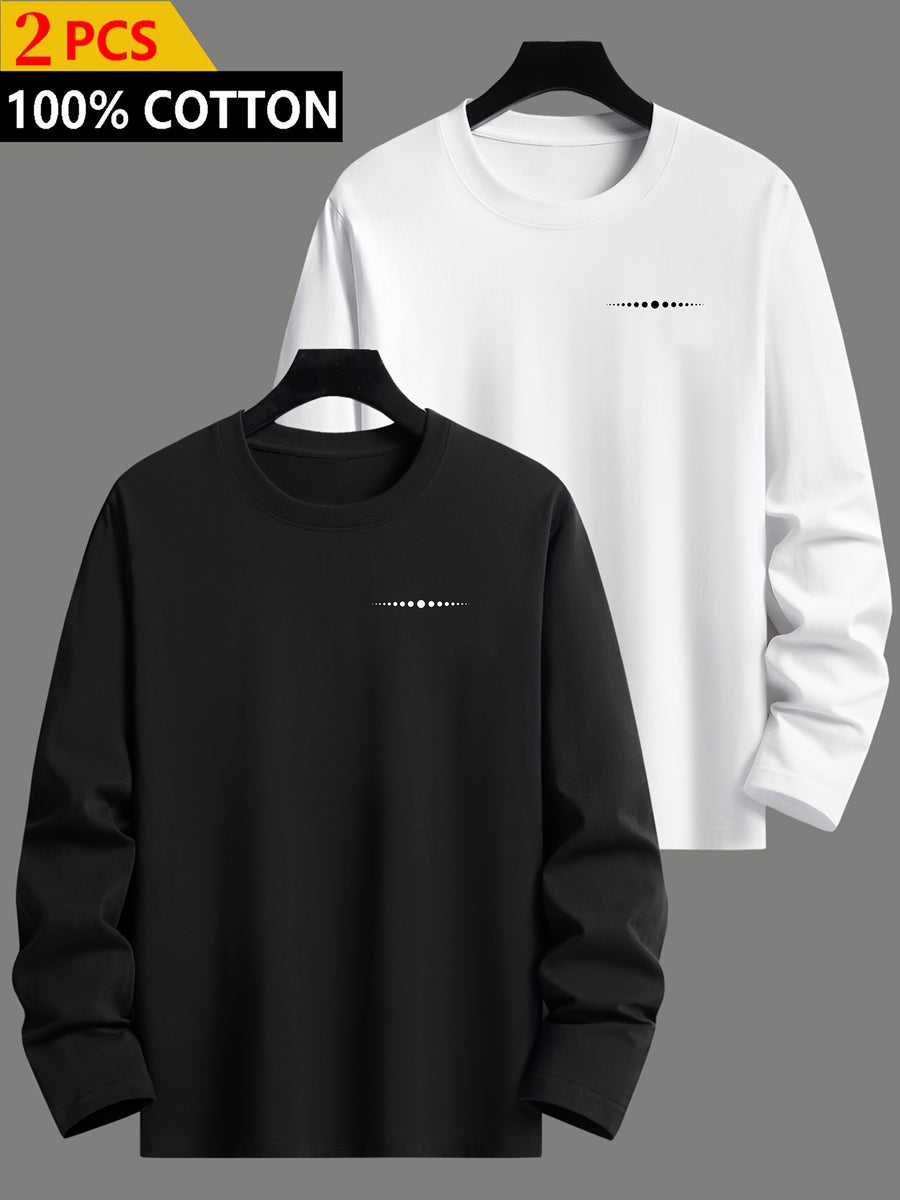 2pcs Set, 100%, Spring/Autumn Long Sleeve Men'S T-Shirt, Easy Fashion Pattern, Round Neck Base Layer, Easy Fashion Fit, Casual Outing Essential, Machine Washable - Mixed Colors 10