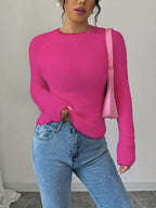 Elegant Women'S Autumn Winter Round Neck Faux Fox Pullover - Rose Red