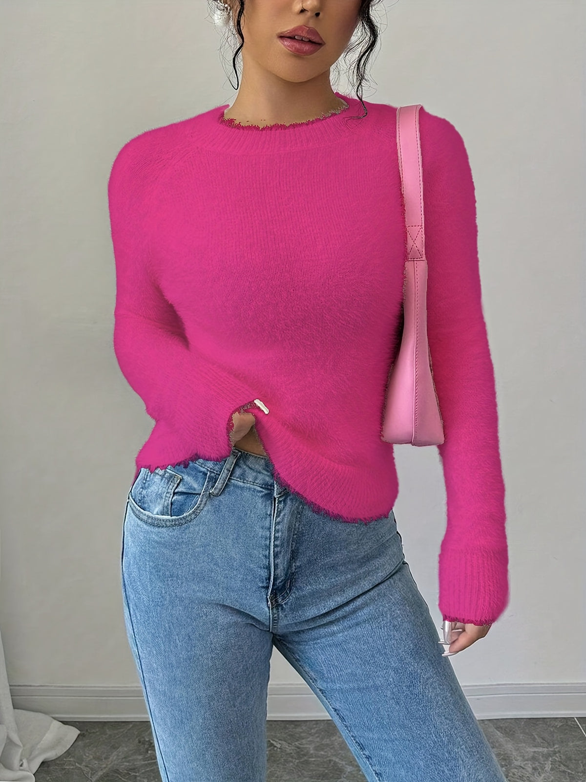 Elegant Women'S Autumn Winter Round Neck Faux Fox Pullover - Rose Red
