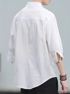 New Loose-Fitting Chinese-Style Stand-Up Collar Men'S Shirt, Comfortable And Breathable Linen Blend Men'S Mid-Length Sleeve Shirt, Easy And Versatile Men'S Casual Shirt - White